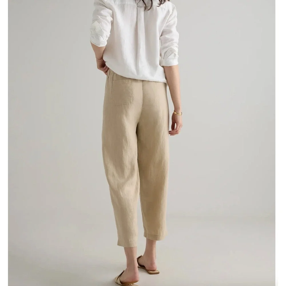 Quince Womens European Linen Wide Leg Cropped Pants Oatmeal Beige Size M